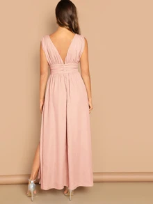 SHEIN Plunge Neck Wide Waist Split Hem Dress - Baby Pink - View 2
