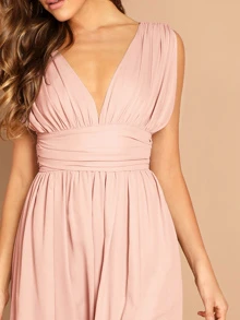 SHEIN Plunge Neck Wide Waist Split Hem Dress - Baby Pink - View 3