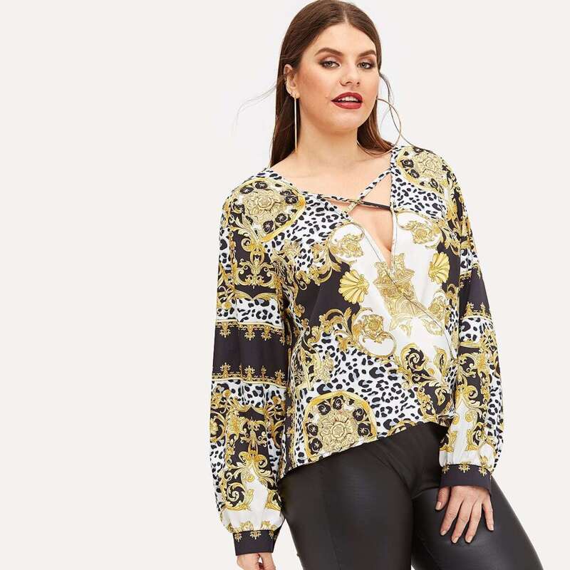 

Plus Scarf Print V-neck Blouse, Multicolor