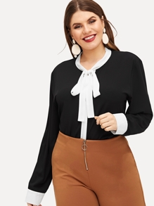 Plus Contrast Cuff Tie-neck Blouse