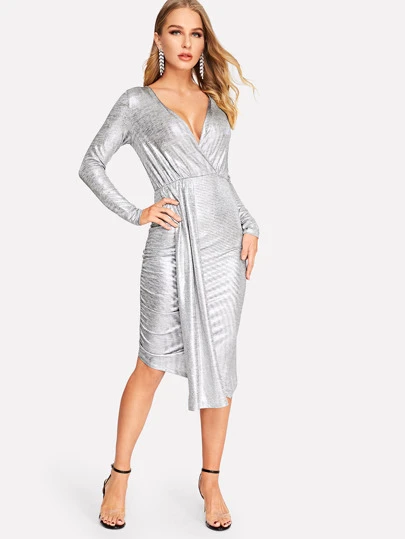 green metallic asymmetrical ring detail bodycon dress