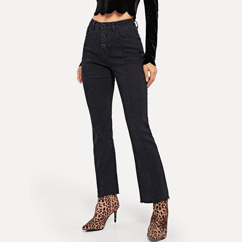 

Button Up Raw Hem Jeans, Black