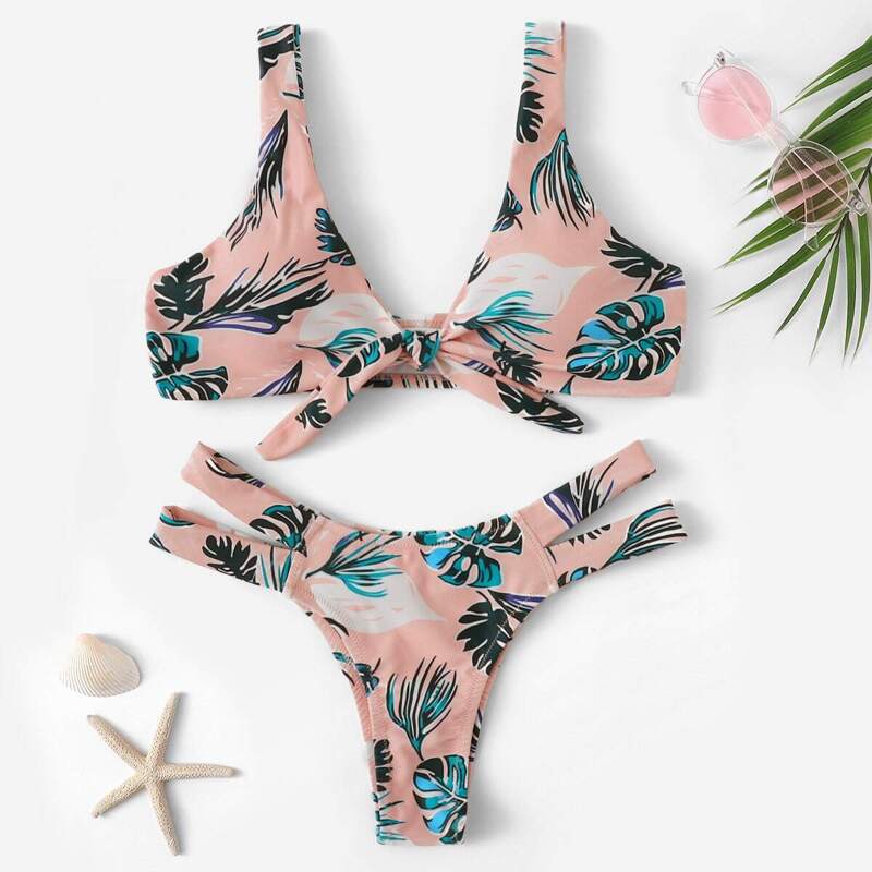 

Random Jungle Leaf Print Knot Top With Cut Side Bikini Set, Multicolor
