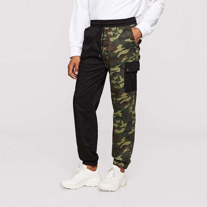

Guys Drawstring Waist Flap Pocket Colorblock Camo Pants, Multicolor
