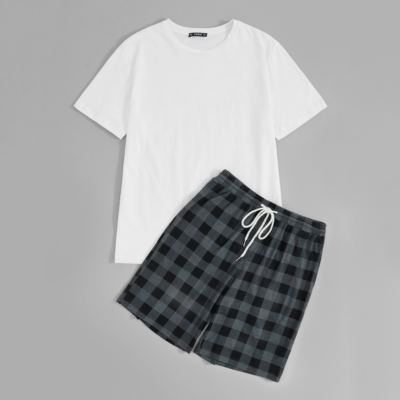 

Guys Solid Tee & Gingham Print Shorts PJ Set, Multicolor