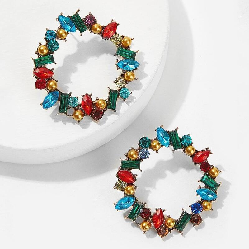 

Color-block Gemstone Hoop Earrings 1pair, Multicolor