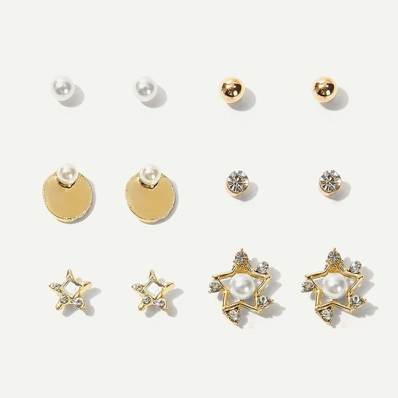 

Disc & Star Stud Earrings 6pairs, Gold
