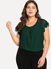 SHEIN Clasi Top de hombro con encaje floral de cuello reunido-grande - Verde Oscuro - Ver 3