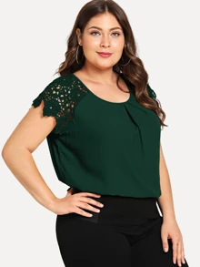 SHEIN Clasi Top de hombro con encaje floral de cuello reunido-grande - Verde Oscuro - Ver 4