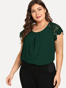 SHEIN Clasi Top de hombro con encaje floral de cuello reunido-grande - Verde Oscuro - Ver 1