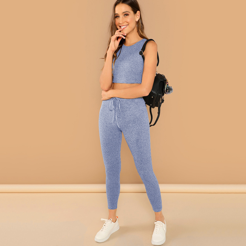 

Solid Crop Top & Drawstring Leggings Set, Dusty blue