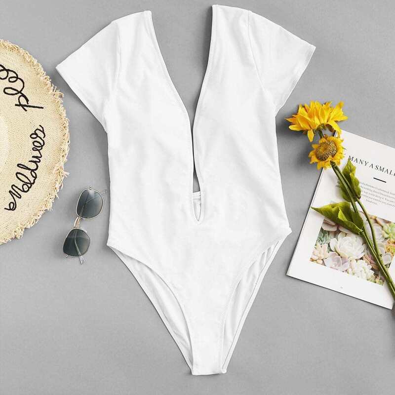 

Plunge High Cut Low Back One Piece Swimsuit, White