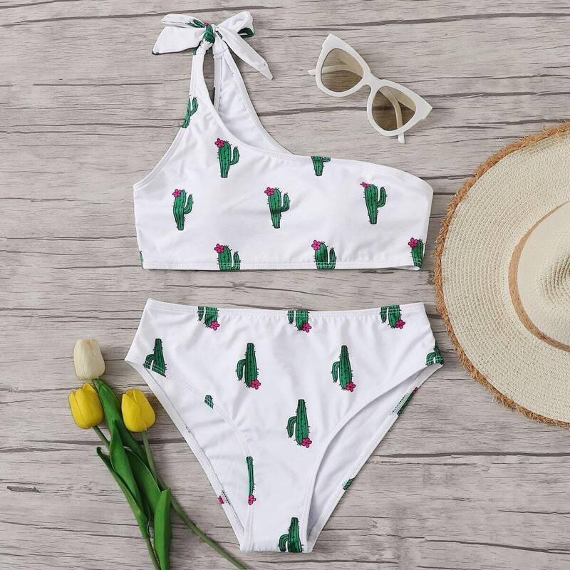 

Cactus One Shoulder Top With High Waisted Bikini, White