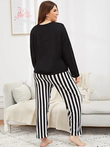 Conjunto de pijama top con estampado de gato con pantalones de rayas-grande - Blanco y Negro - Ver 2