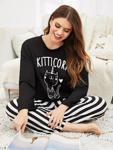 Conjunto de pijama top con estampado de gato con pantalones de rayas-grande - Blanco y Negro - Ver 1
