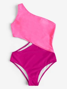 SHEIN Swim Two Tone One Shoulder Swimsuit - Pink - View 3