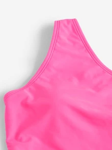 SHEIN Swim Two Tone One Shoulder Swimsuit - Pink - View 4