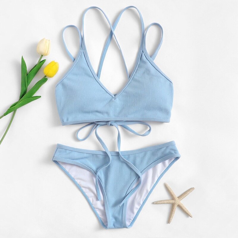 

Lace-up Back Top With Ribbed Bikini Set, Blue