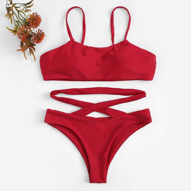 

Cami Top With Criss Cross Bikini Set, Red bright