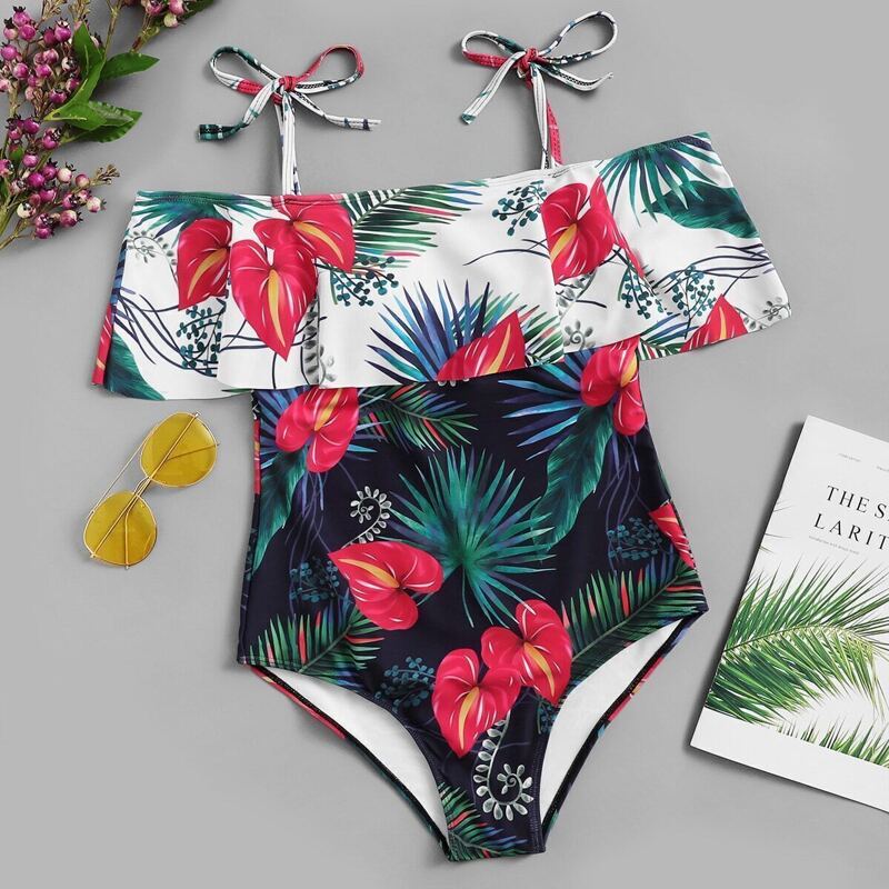 

Random Tropical Flounce Tie Shoulder One Piece Swimsuit, Multicolor