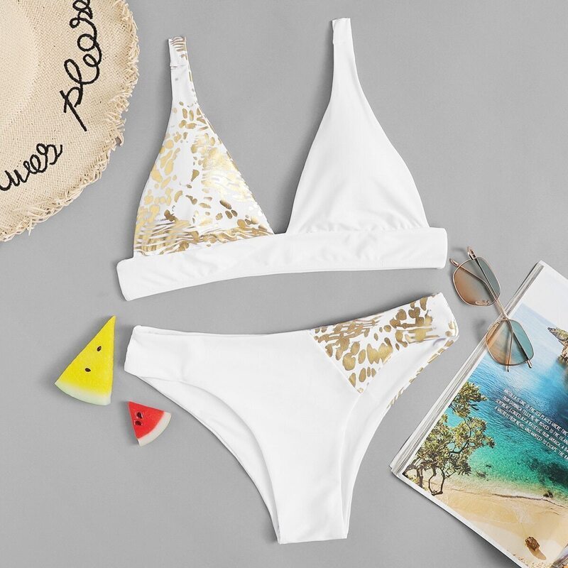 Metallic Dot Print Bikini Set, White