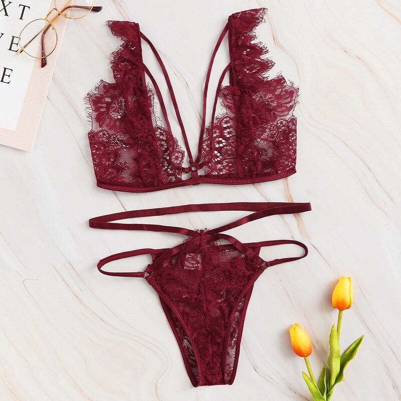

Harness Eyelash Lace Lingerie Set, Red