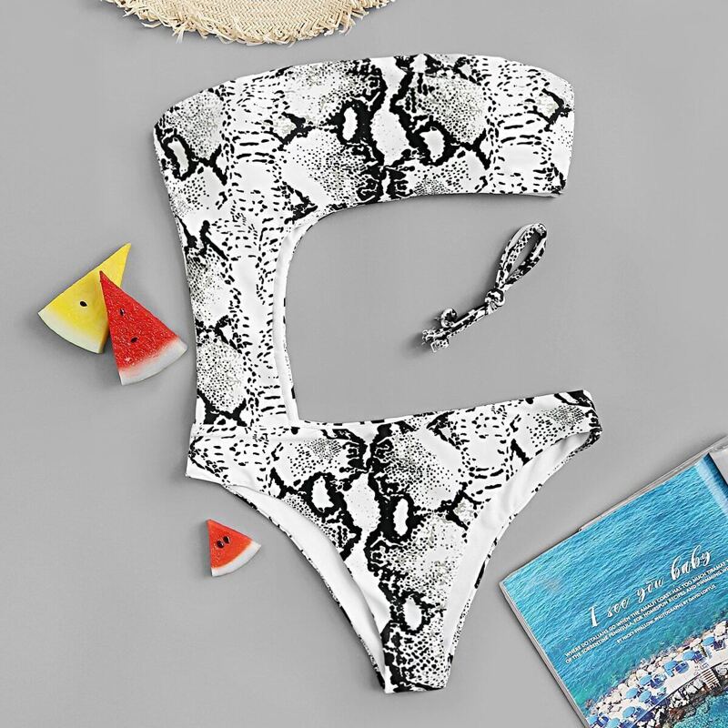 

Detachable Straps Cut-out One Piece Swimwear, Black and white