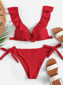 Ruffle Plunge Top With Tie Side Bikini Set