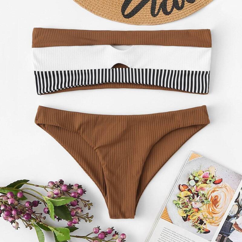

Color-block Bandeau With Ribbed Bikini Set, Brown multicolor