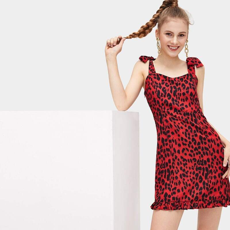 

Leopard Print Ruffle Hem Cami Dress, Multicolor