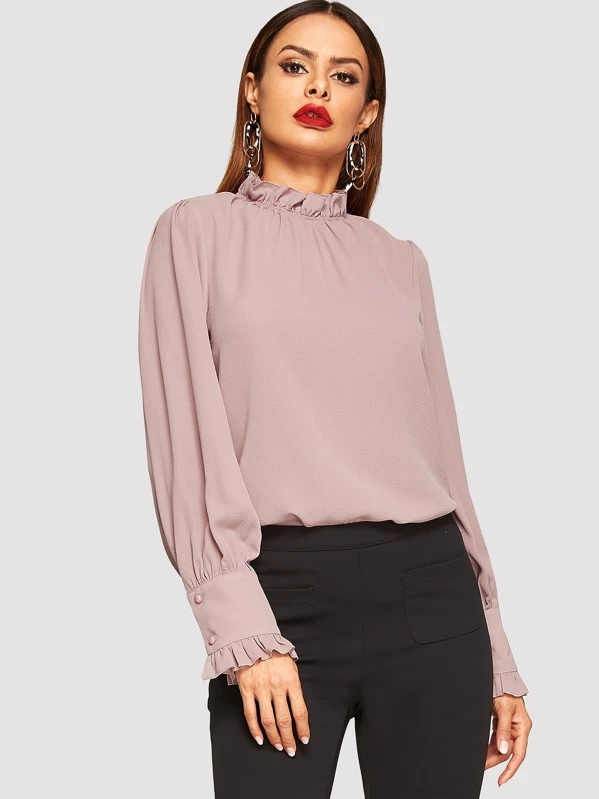 Blusa de cuello y puño fruncido | Mode de Mujer | SHEIN España Blusa fruncido de cuello y puño fruncido sencilla | Mode de