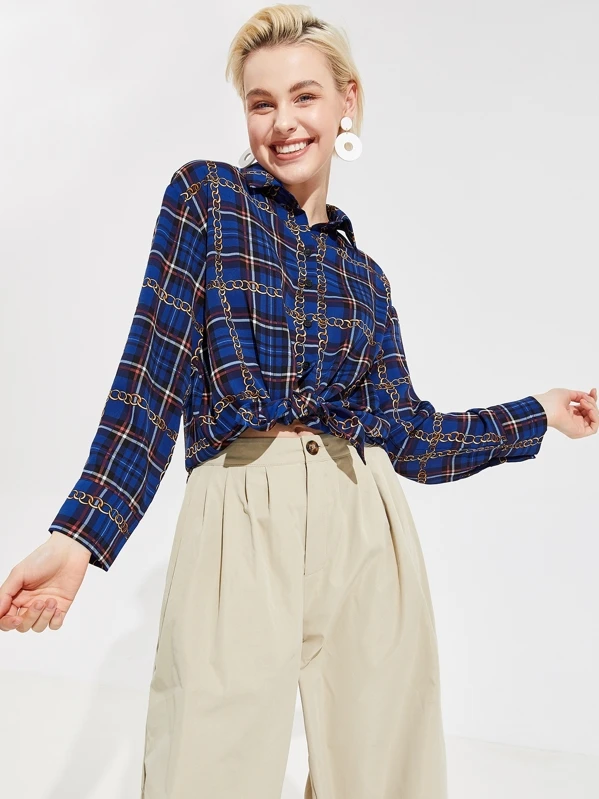 Blusa con estampado de cadena y cuadros | Mode de Mujer Blusa con estampado de cadena | Mode de Mujer | SHEIN España