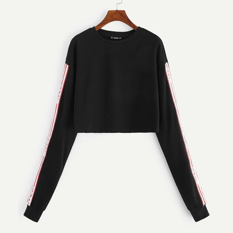 

Letter Tape Sleeve Crop Sweatshirt, Black
