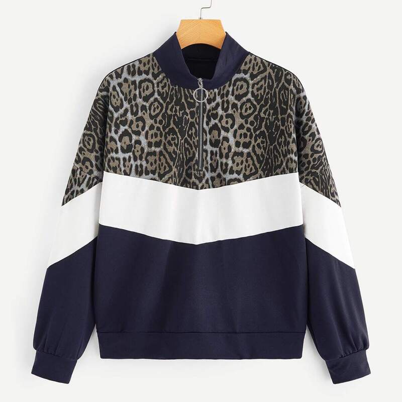 

Cut-and-sew Zip Half Placket Leopard Sweatshirt, Multicolor