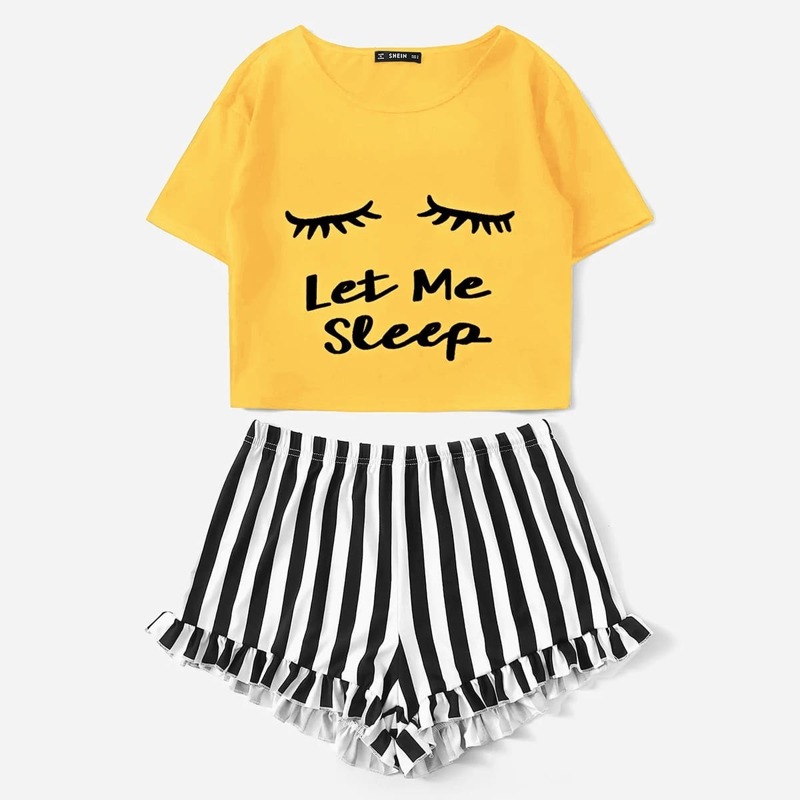 

Graphic Top & Ruffle Hem Striped Shorts PJ Set, Mustard yellow