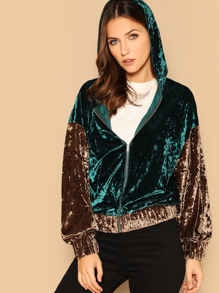 Two Tone Zip Front Hooded Velvet Jacket
