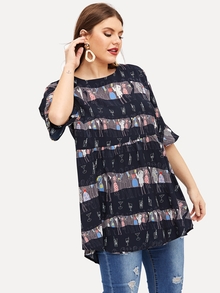 Plus Lace-up Back Dip Hem Blouse