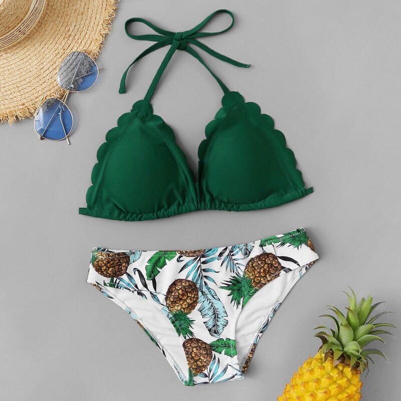 

Scalloped Trim Halter Top With Random Tropical Bikini, Multicolor