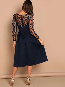 SHEIN Applique & Mesh Sleeve Flared Dress - Navy Blue - View 2