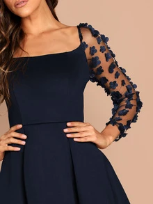 SHEIN Applique & Mesh Sleeve Flared Dress - Navy Blue - View 3