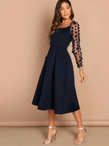 SHEIN Applique & Mesh Sleeve Flared Dress - Navy Blue - View 5