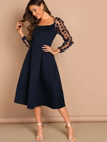 SHEIN Applique & Mesh Sleeve Flared Dress - Navy Blue - View 1