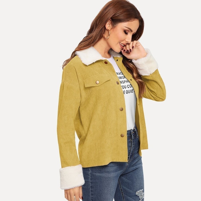 

Faux Fur Collar & Cuff Corduroy Jacket, Yellow