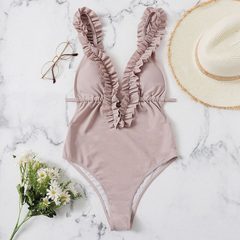 

Frill Trim Drawstring Plunge Backless One Piece Swimwear, Pink