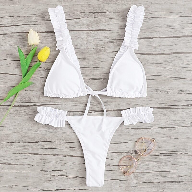

Frill Trim Drawstring Top With High Leg Bikini, White