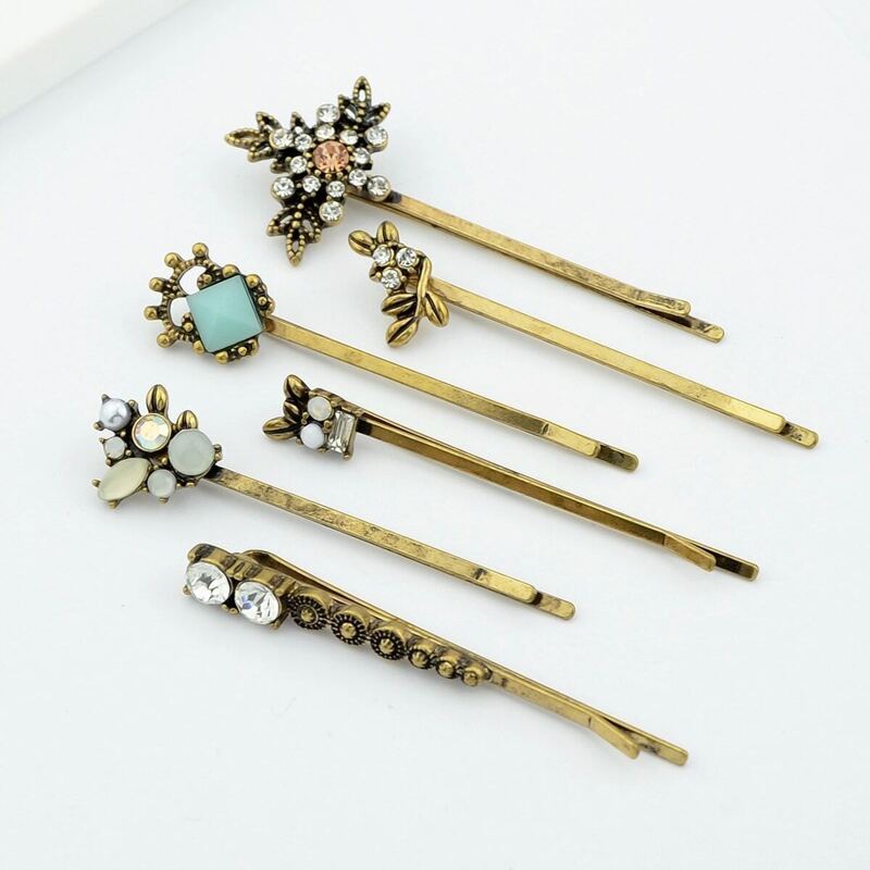 Retro Diamond Hair Clips Set 6pcs, Gold