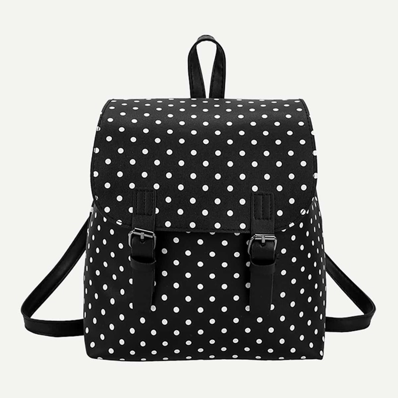 

Polka Dot Double Buckle Strap Backpack, Black