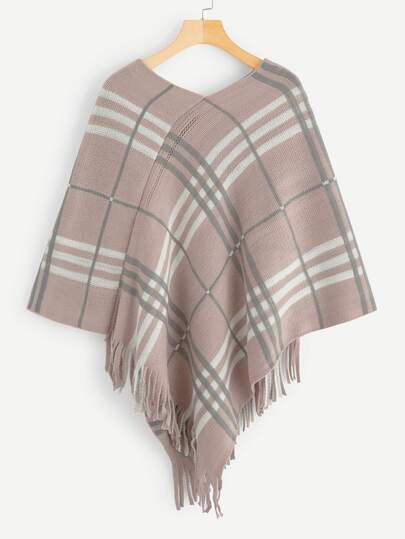 Plaid Print Fringe Hem Poncho Jumper