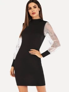 Contrast Sequin Mesh Sleeve Dress Shein
