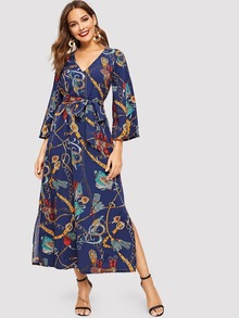 Chain Print Waist Tie Split-side Dress